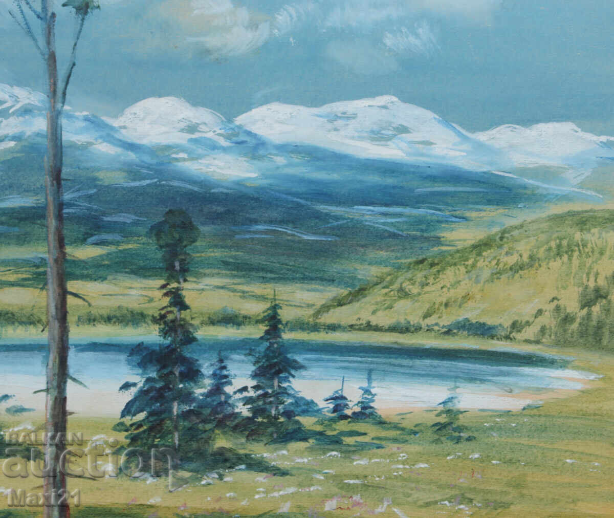 Old gouache painting landscape mountain lake - 6