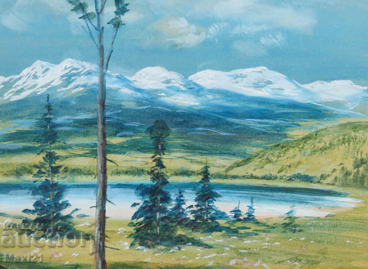 Old gouache painting landscape mountain lake
