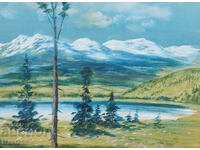 Old gouache painting landscape mountain lake