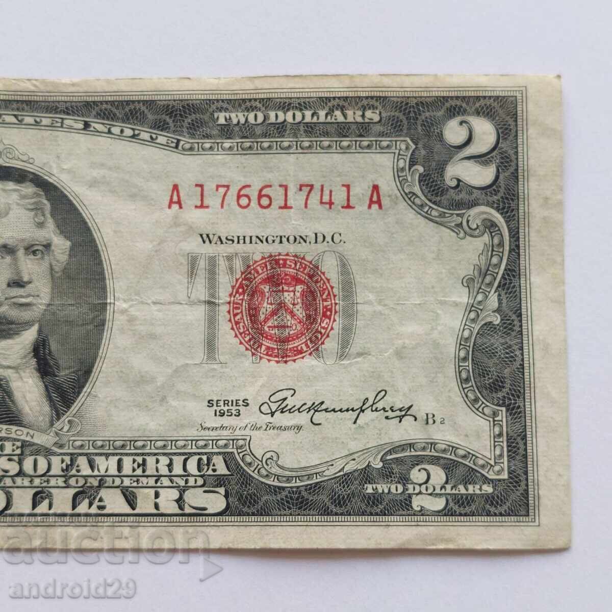 2 Dollars 1953 USA, Red Seal / Banknote with price 25.00 BGN | € 12.78 2 Dollars 1953 USA, Red Seal / Banknote with price 25.00 BGN | € 12.78