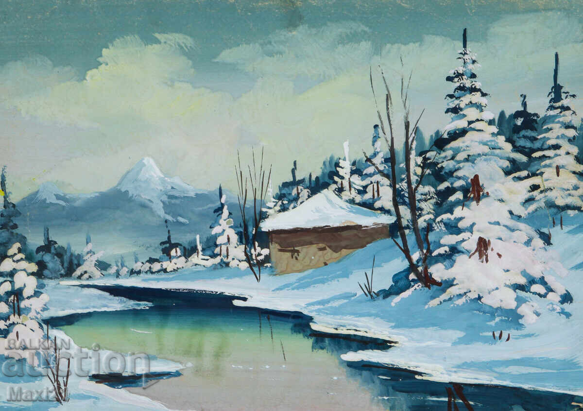 Auction  Old gouache painting winter landscape