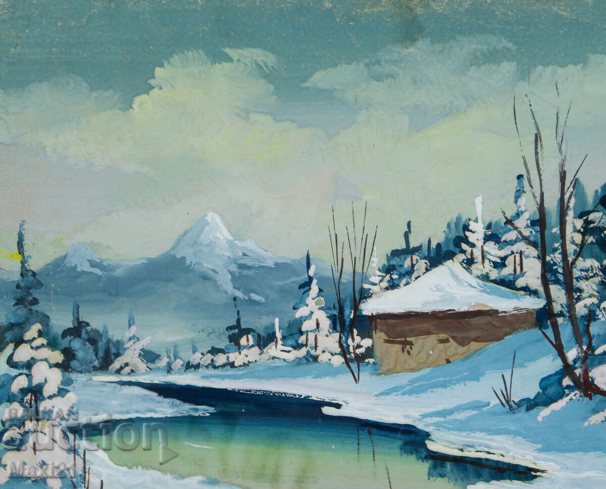 Delivery of Old gouache painting winter landscape