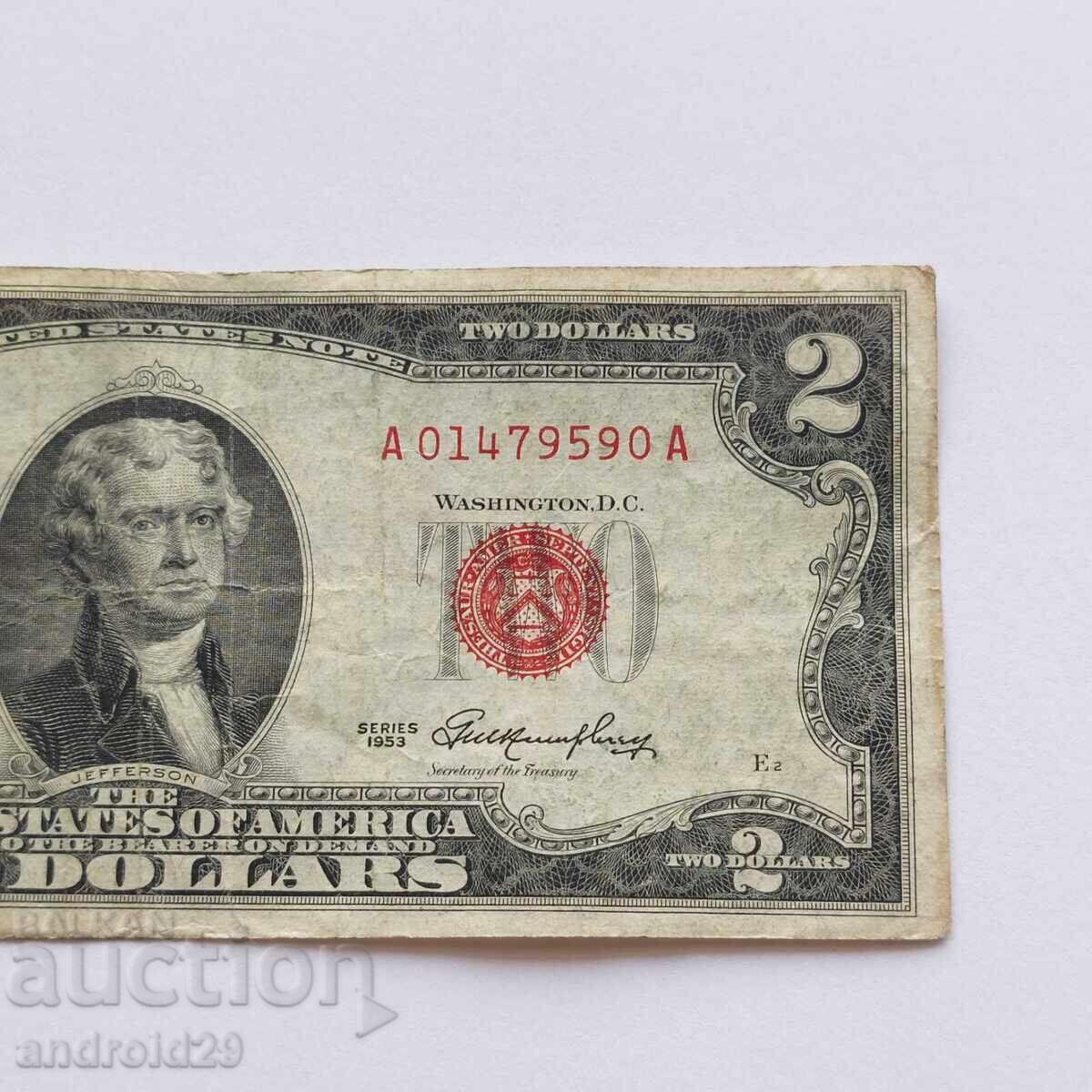 2 Dollars 1953 USA, Red Seal / Banknote with price 25.00 BGN | € 12.78 2 Dollars 1953 USA, Red Seal / Banknote with price 25.00 BGN | € 12.78