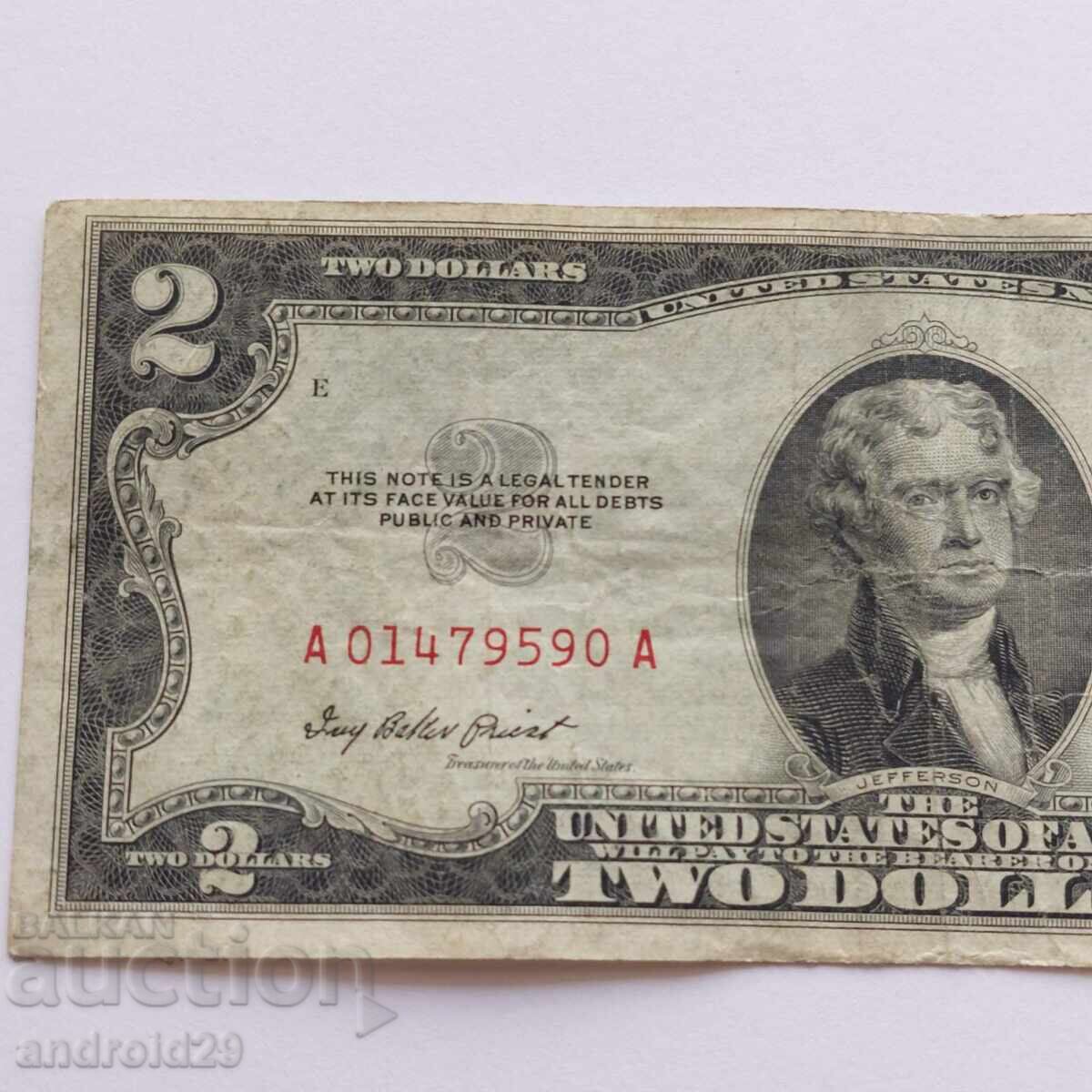 Auction 2 Dollars 1953 USA, Red Seal / Banknote Auction 2 Dollars 1953 USA, Red Seal / Banknote