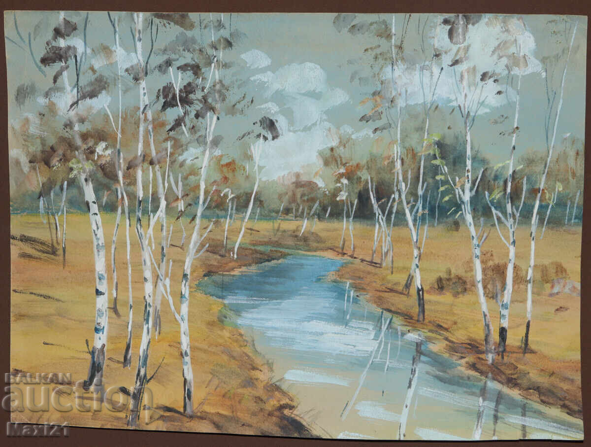 Old gouache painting, beautiful landscape, forest stream with price 200.00 BGN | € 102.26