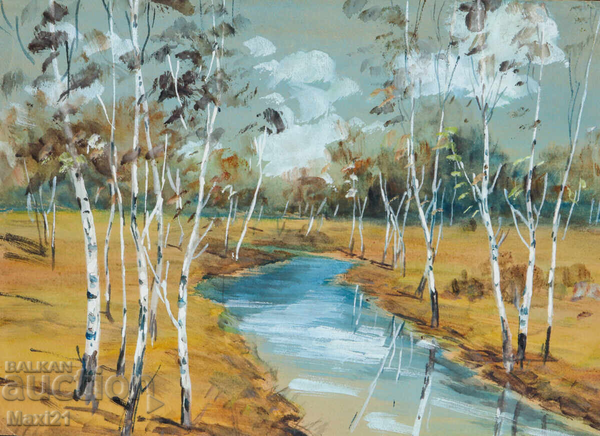 Auction  Old gouache painting, beautiful landscape, forest stream