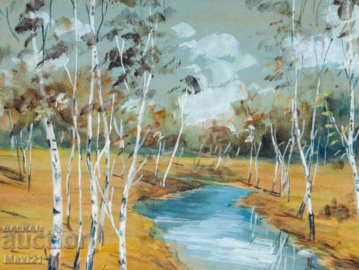 Delivery of Old gouache painting, beautiful landscape, forest stream