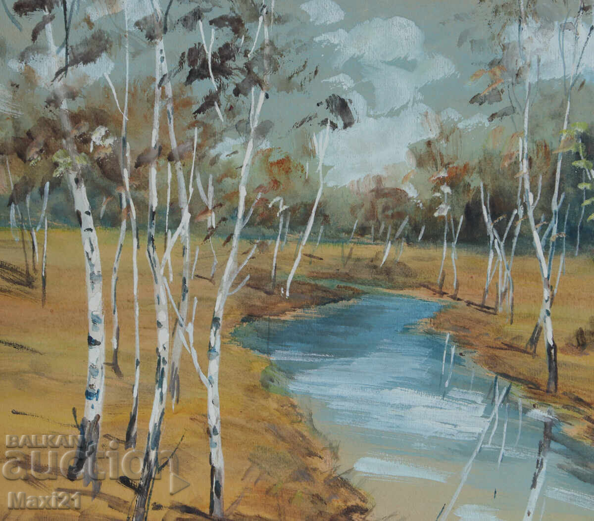 Old gouache painting, beautiful landscape, forest stream - 5