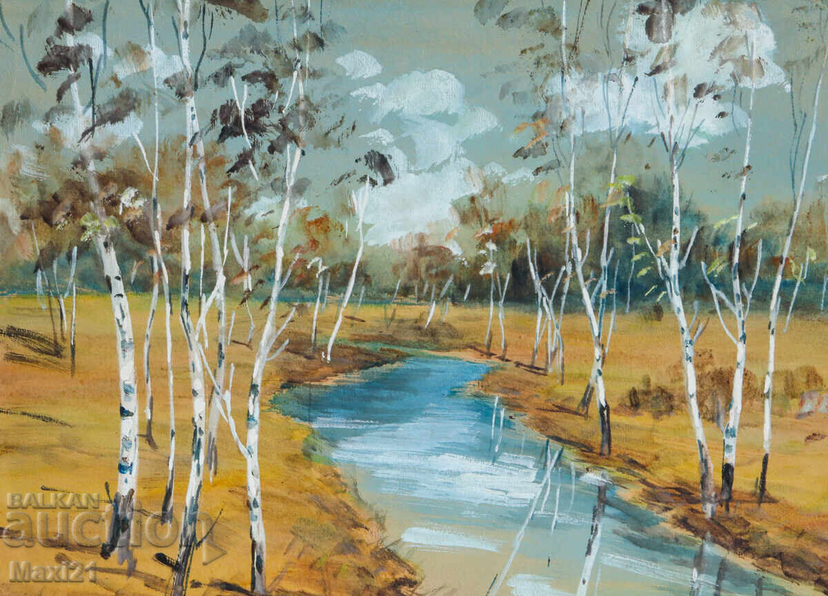 Old gouache painting, beautiful landscape, forest stream