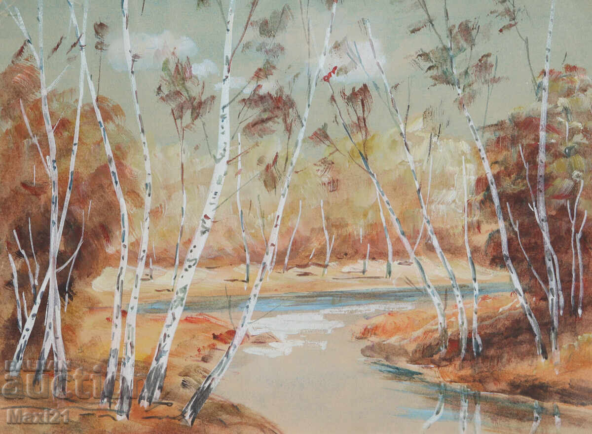 Auction  Old gouache painting, beautiful natural landscape