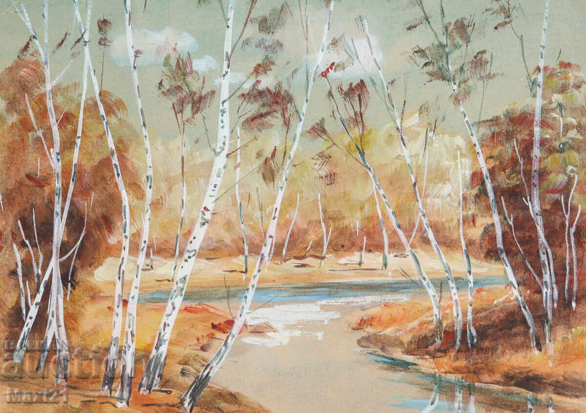 Old gouache painting, beautiful natural landscape