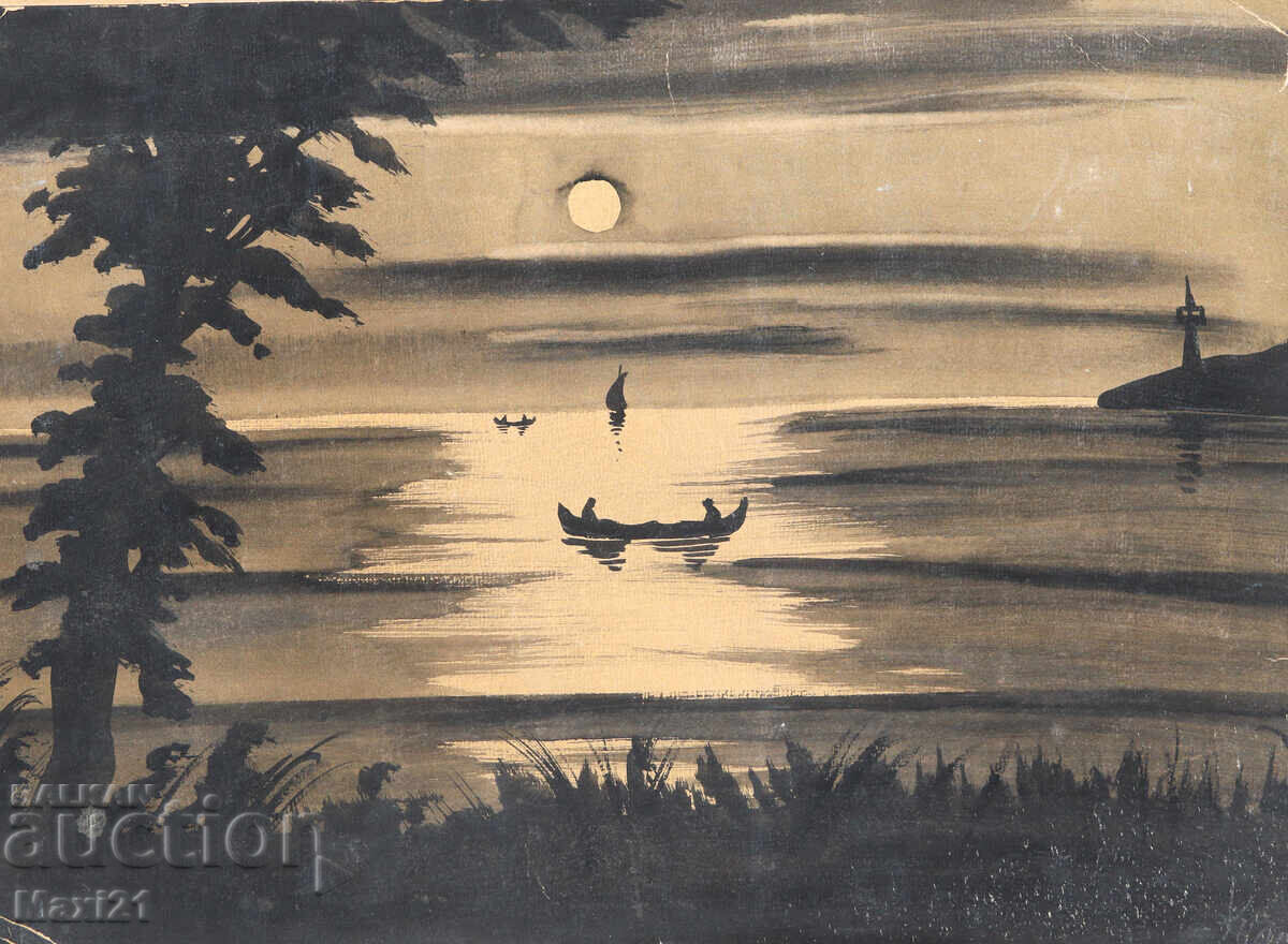 Παλιός πίνακας γκουάς όμορφο θαλασσινό τοπίο νύχτα με τιμή 200.00 BGN | € 102.26