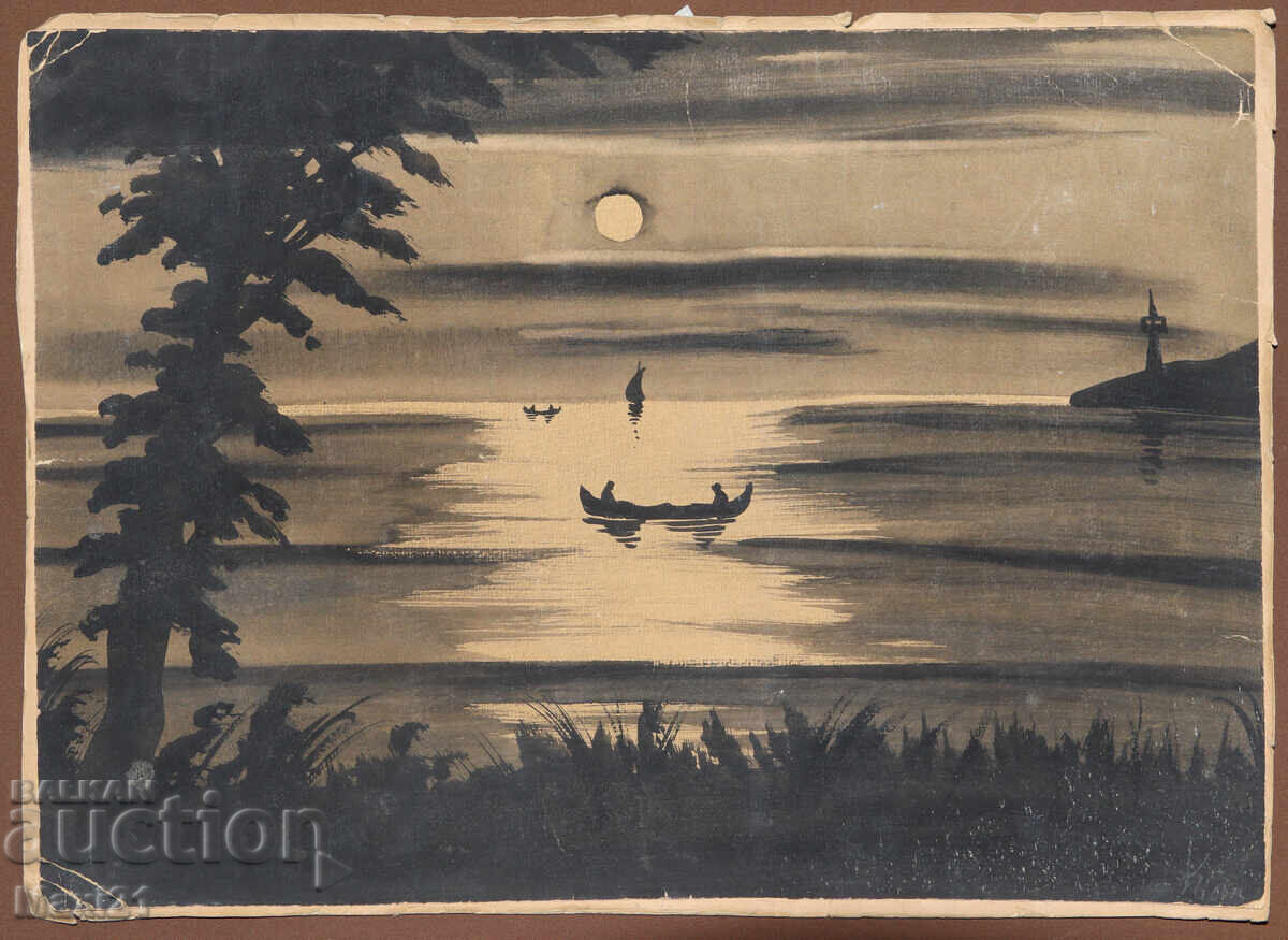 Δημοπρασία Παλιός πίνακας γκουάς όμορφο θαλασσινό τοπίο νύχτα