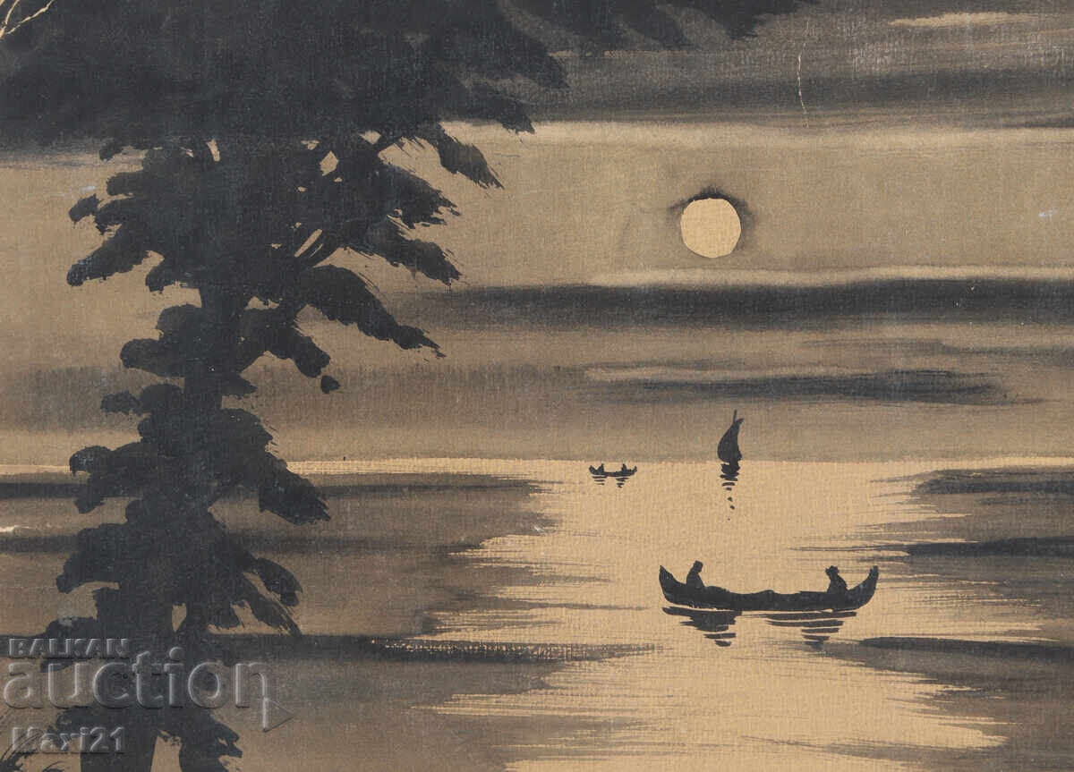 Παράδοση Παλιός πίνακας γκουάς όμορφο θαλασσινό τοπίο νύχτα