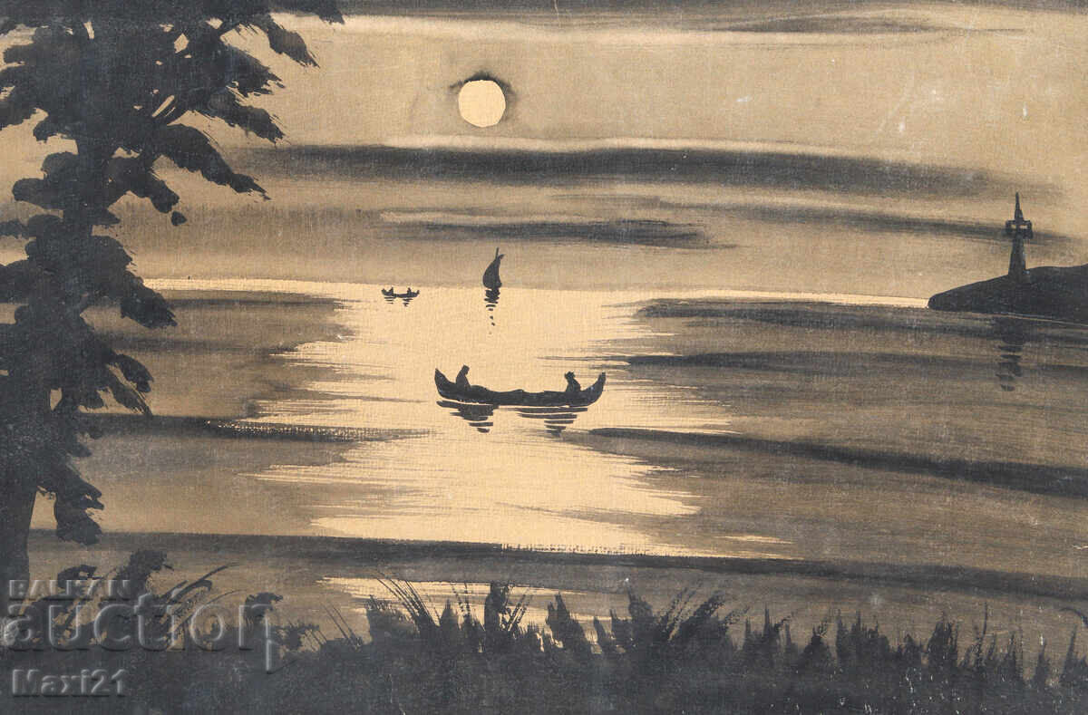 Παλιός πίνακας γκουάς όμορφο θαλασσινό τοπίο νύχτα - 5