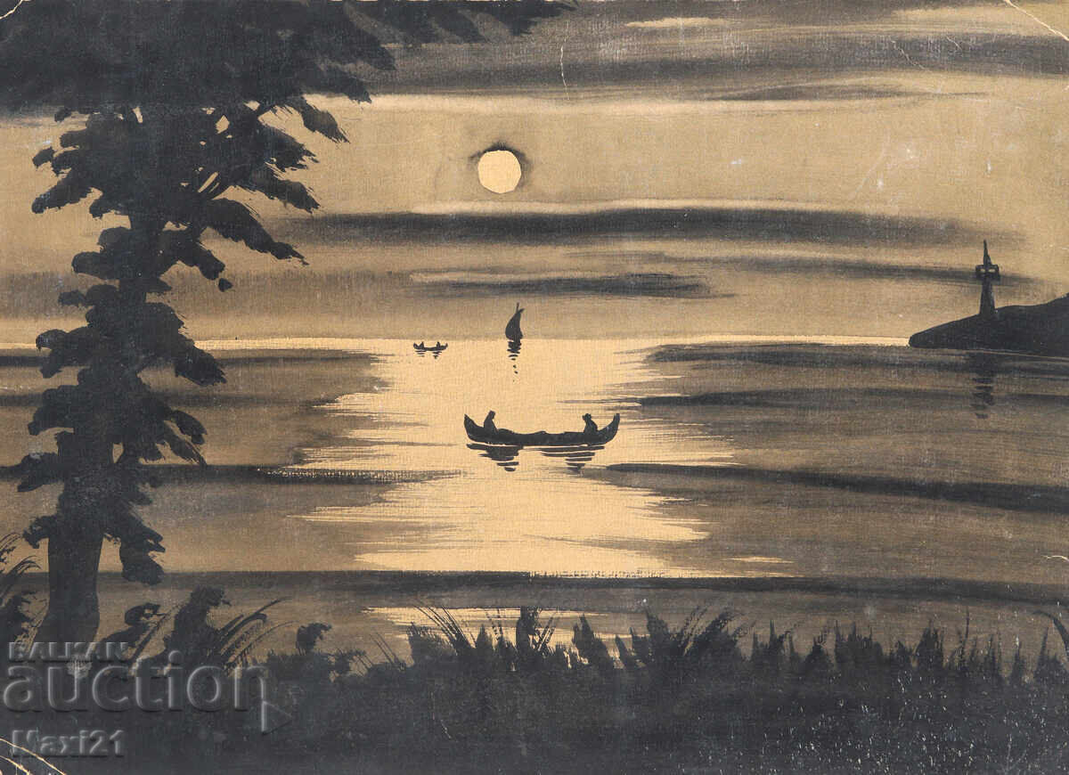 Παλιός πίνακας γκουάς όμορφο θαλασσινό τοπίο νύχτα