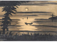 Παλιός πίνακας γκουάς όμορφο θαλασσινό τοπίο νύχτα