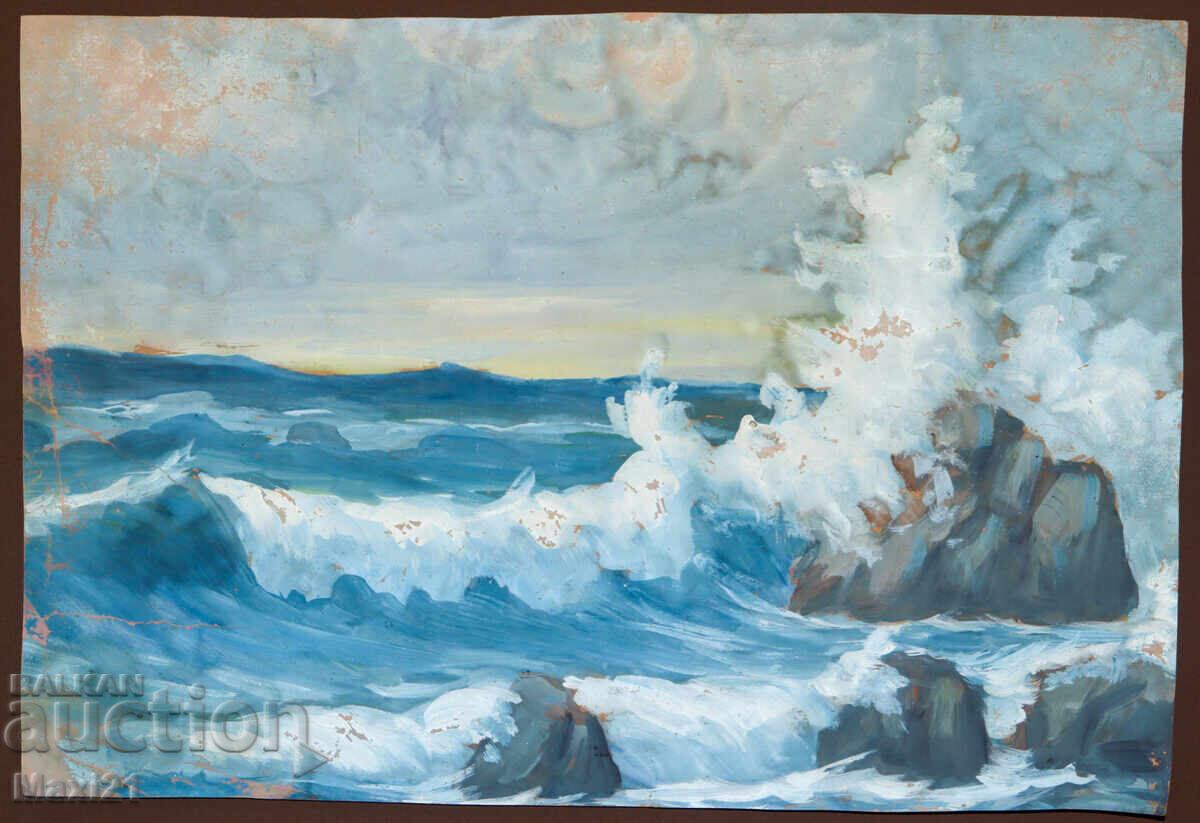 Pictură veche guașă peisaj marin stâncos cu preț 100.00 BGN | € 51.13