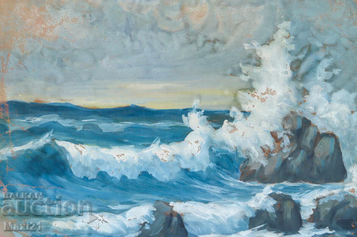 Licitație Pictură veche guașă peisaj marin stâncos