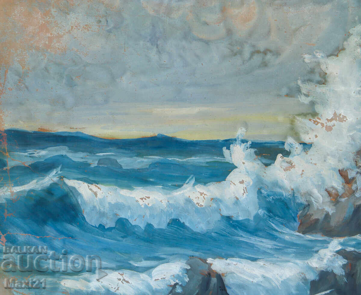 Livrarea Pictură veche guașă peisaj marin stâncos