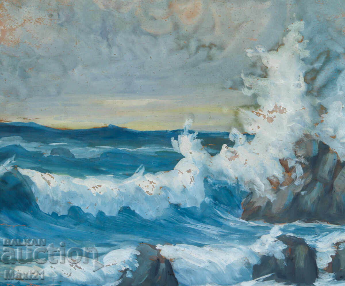 Pictură veche guașă peisaj marin stâncos - 5