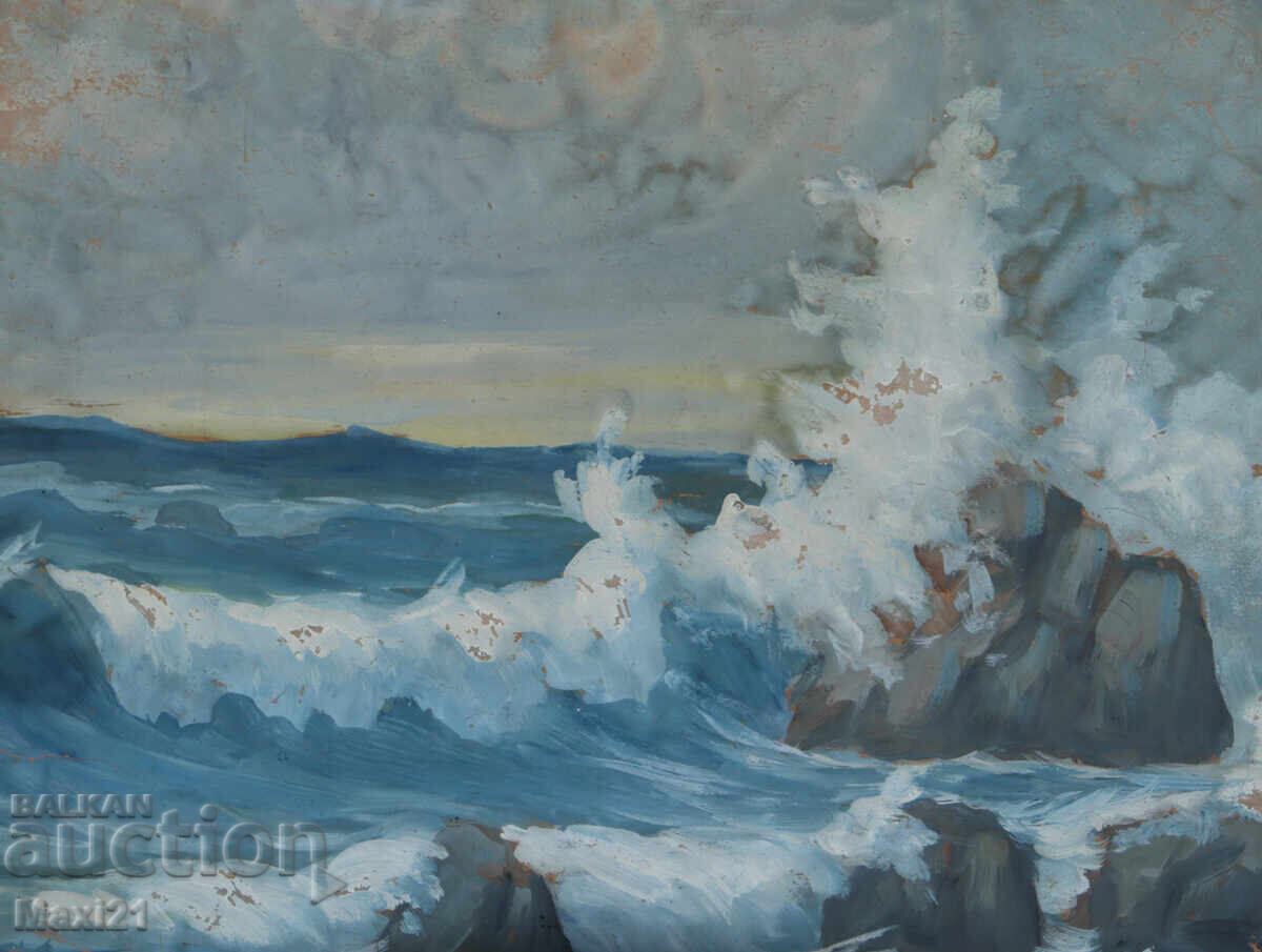 Pictură veche guașă peisaj marin stâncos - 6