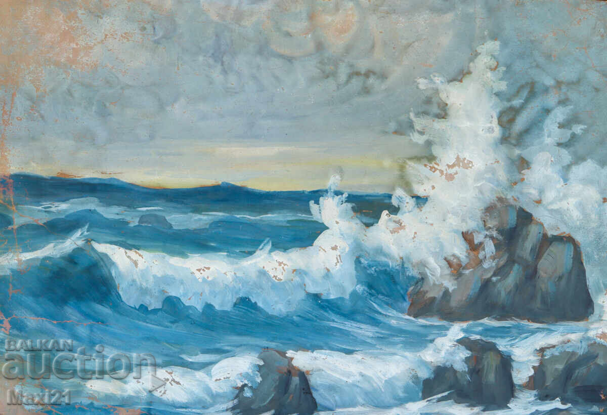 Pictură veche guașă peisaj marin stâncos