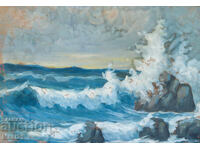 Стара картина гваш скалист морски пейзаж