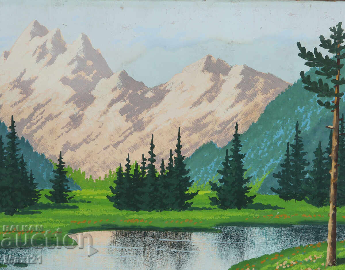 Auction  Old gouache painting, mountain river landscape