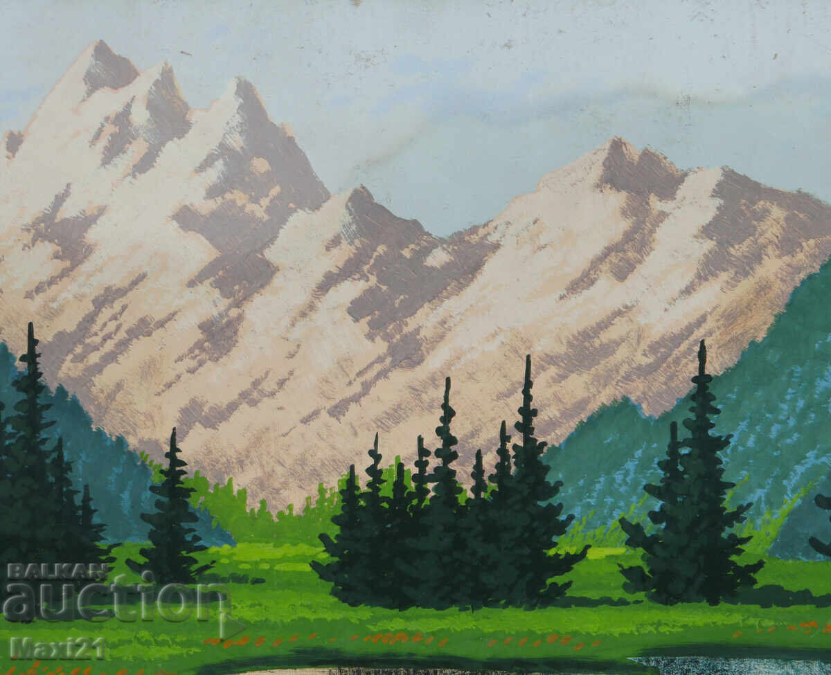 Delivery of Old gouache painting, mountain river landscape