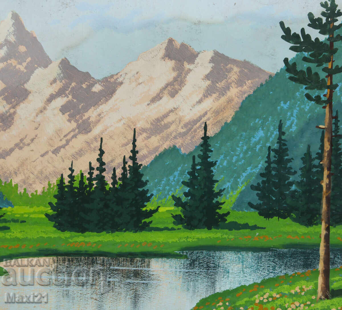 Old gouache painting, mountain river landscape - 5