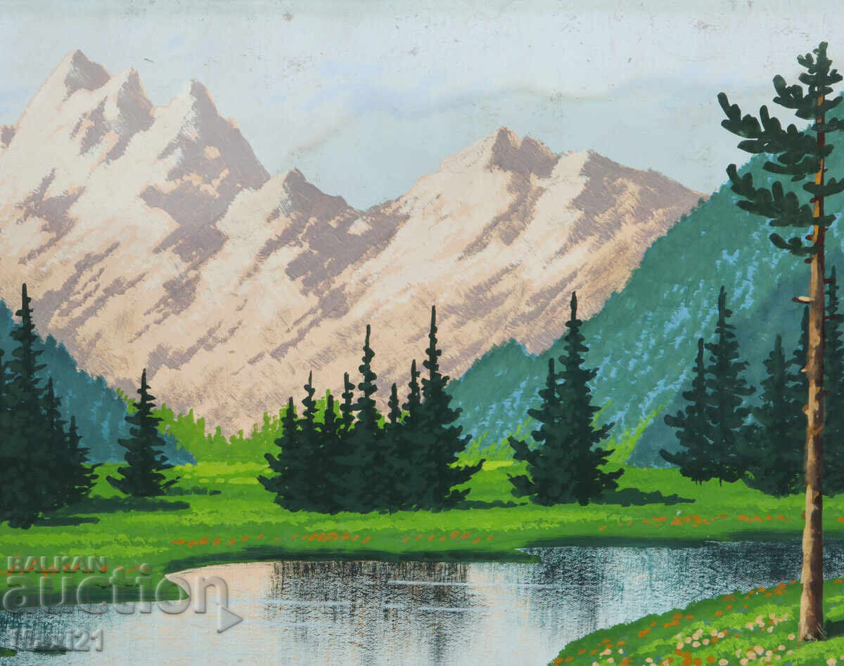 Old gouache painting, mountain river landscape