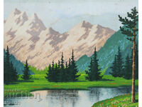 Old gouache painting, mountain river landscape