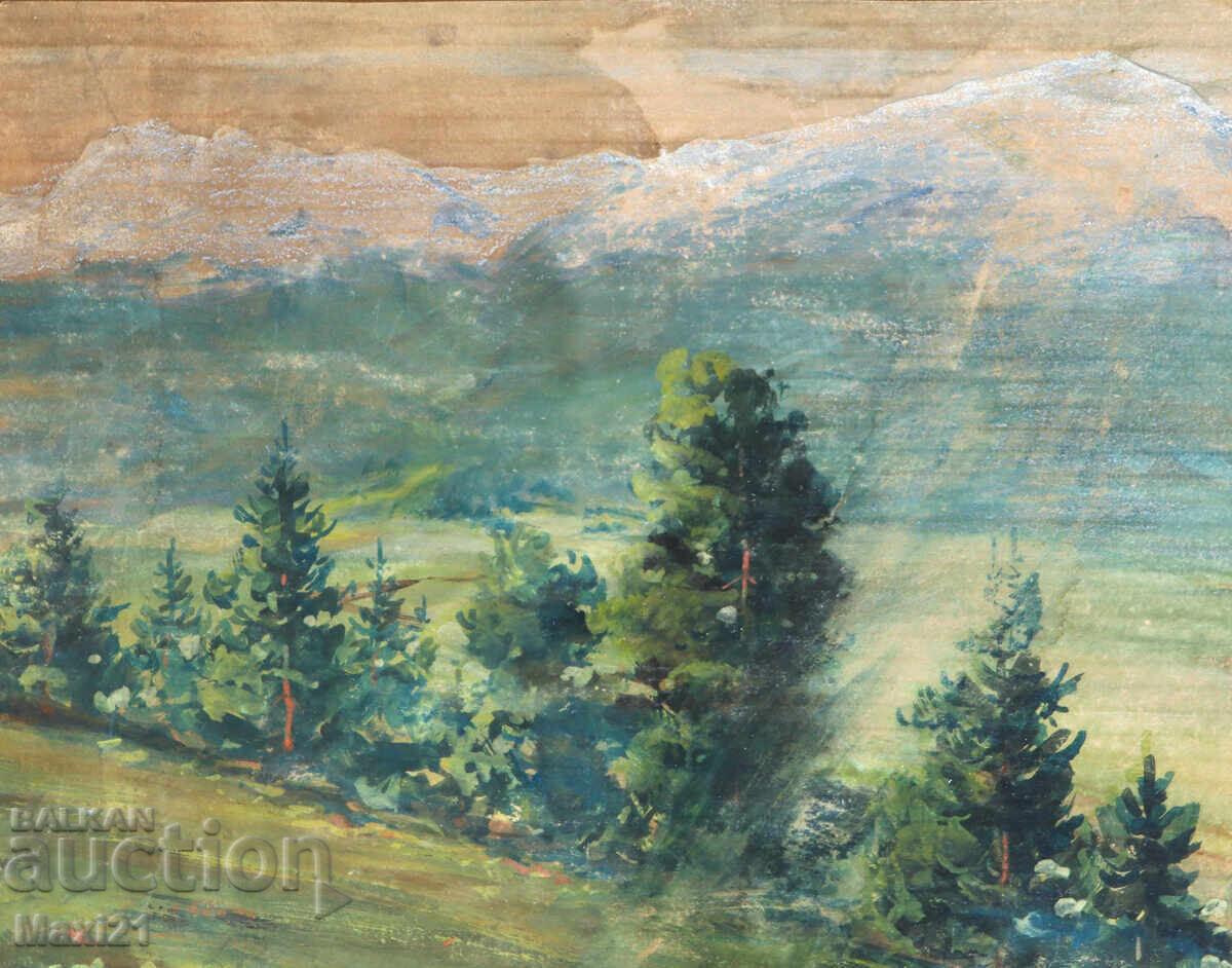 Auction  Old gouache painting, forest landscape