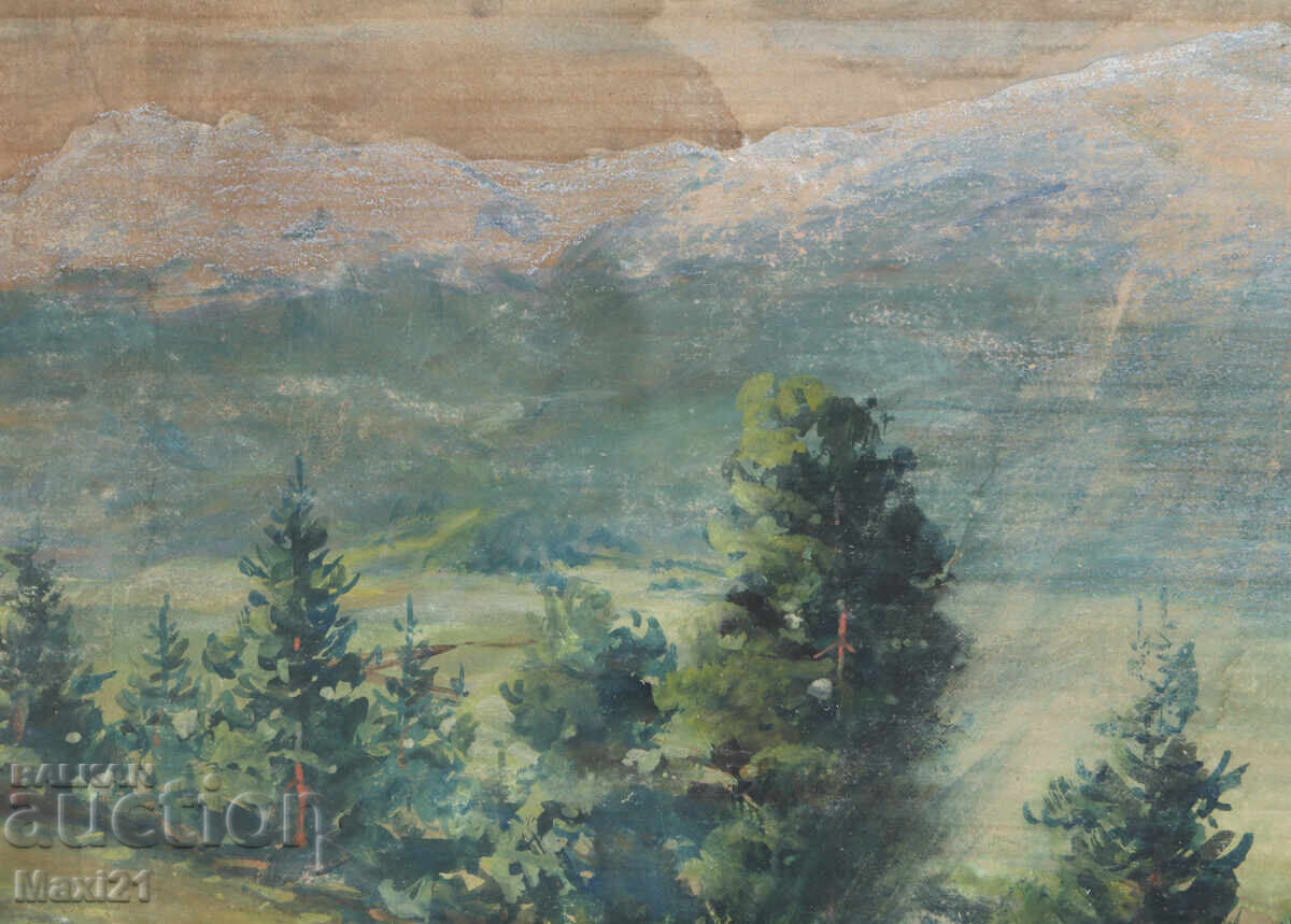 Delivery of Old gouache painting, forest landscape