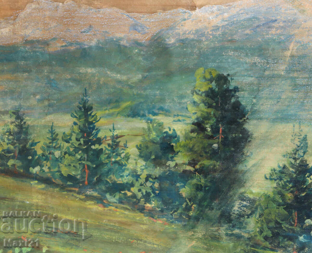 Old gouache painting, forest landscape - 5