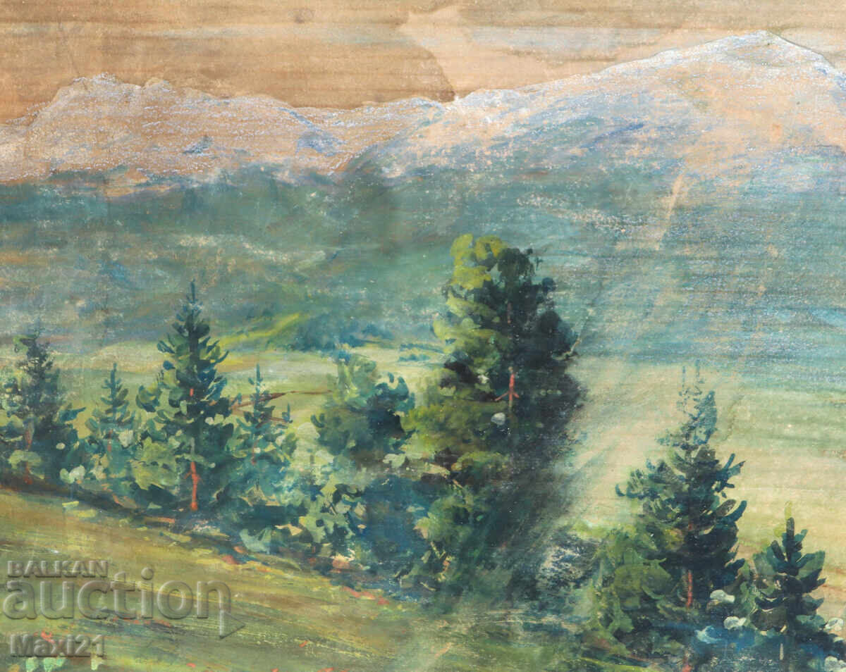 Old gouache painting, forest landscape