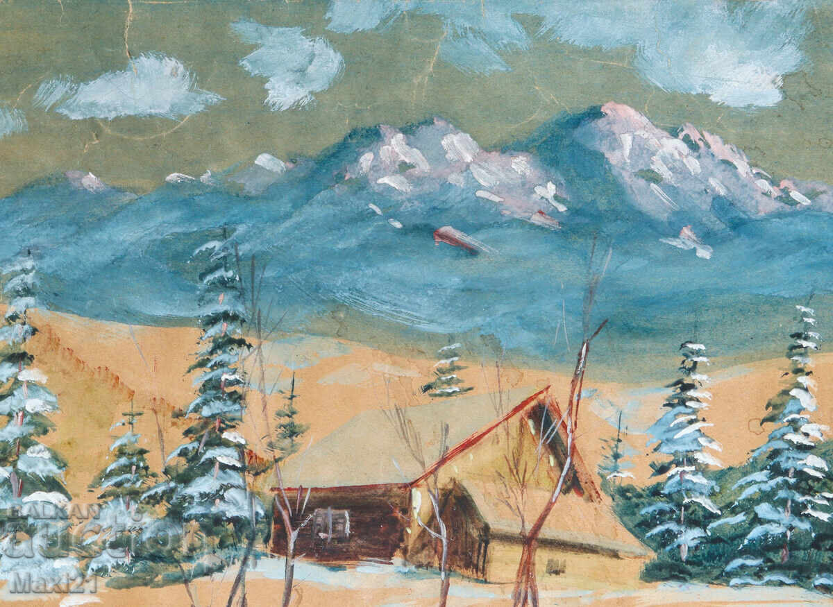 Auction  Old gouache painting, mountain cabin landscape