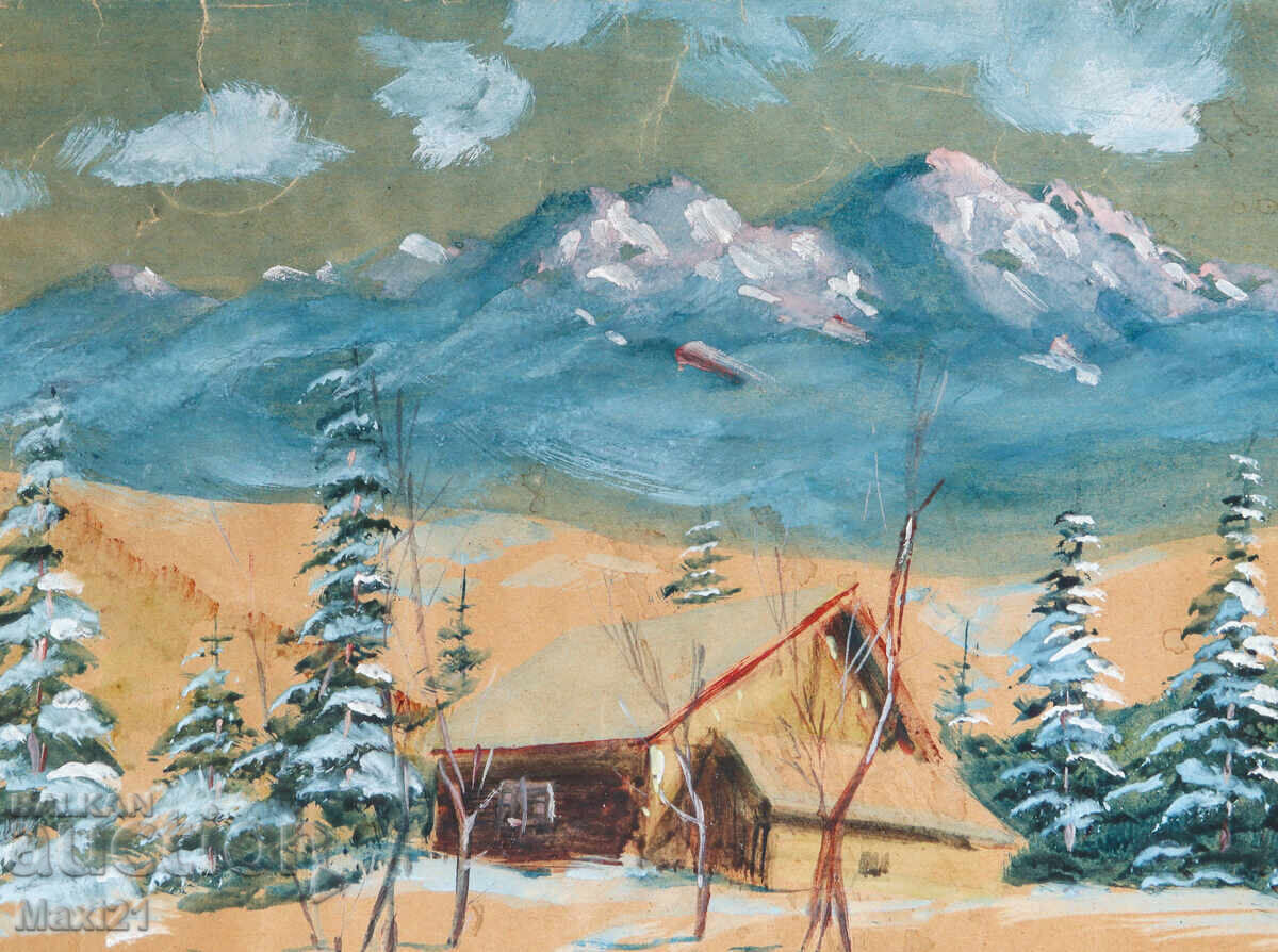 Old gouache painting, mountain cabin landscape