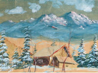 Old gouache painting, mountain cabin landscape