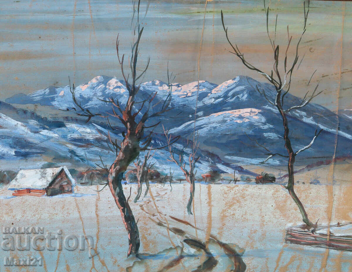 Παλιός ελαιογραφία χειμωνιάτικου τοπίου με τιμή 150.00 BGN | € 76.69