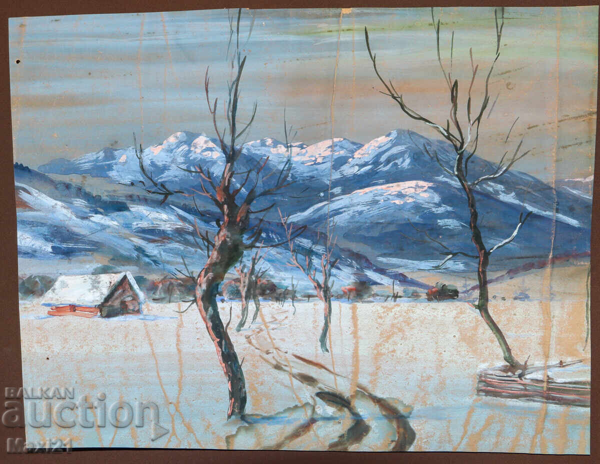 Δημοπρασία Παλιός ελαιογραφία χειμωνιάτικου τοπίου