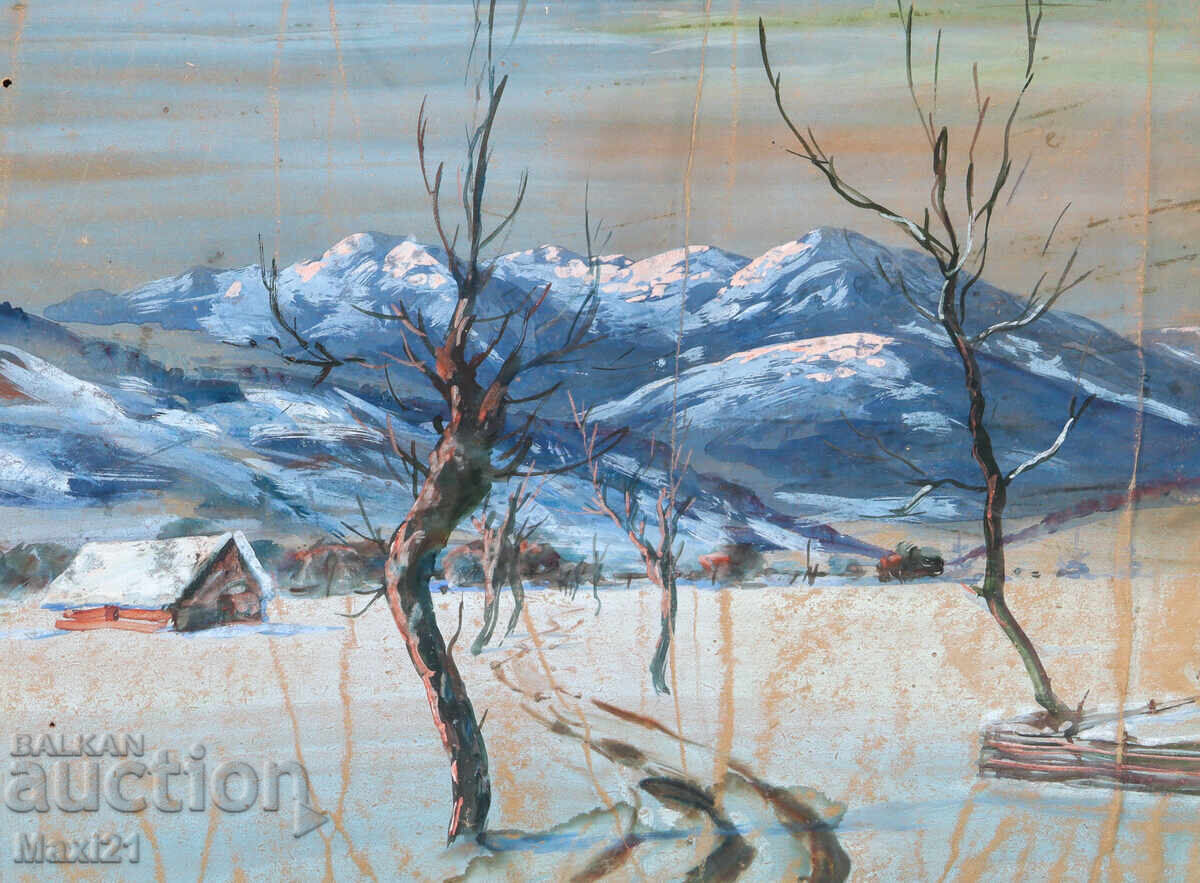 Παλιός ελαιογραφία χειμωνιάτικου τοπίου