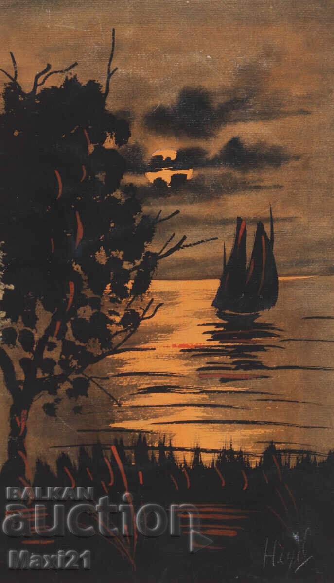 Old gouache painting, seascape, sunset with price 150.00 BGN | € 76.69