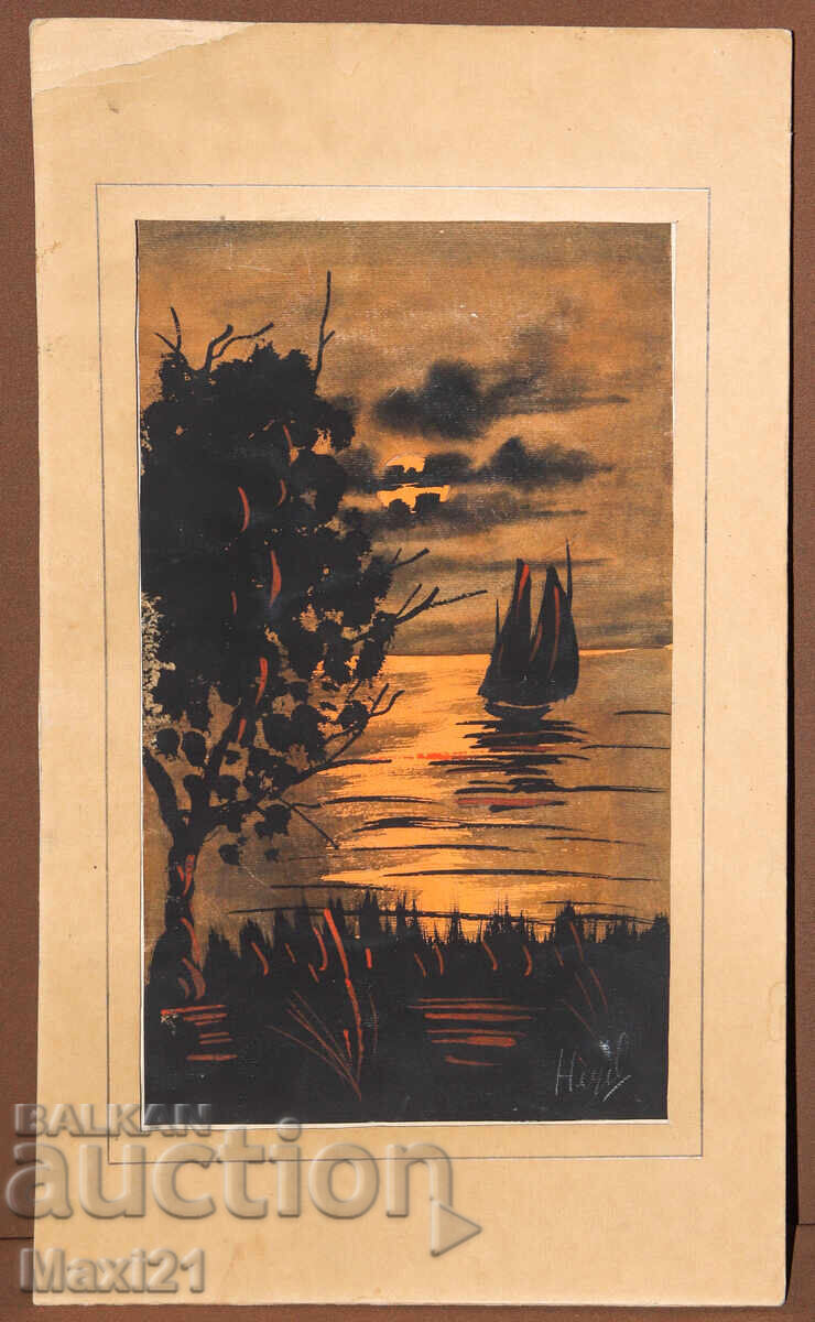 Auction  Old gouache painting, seascape, sunset