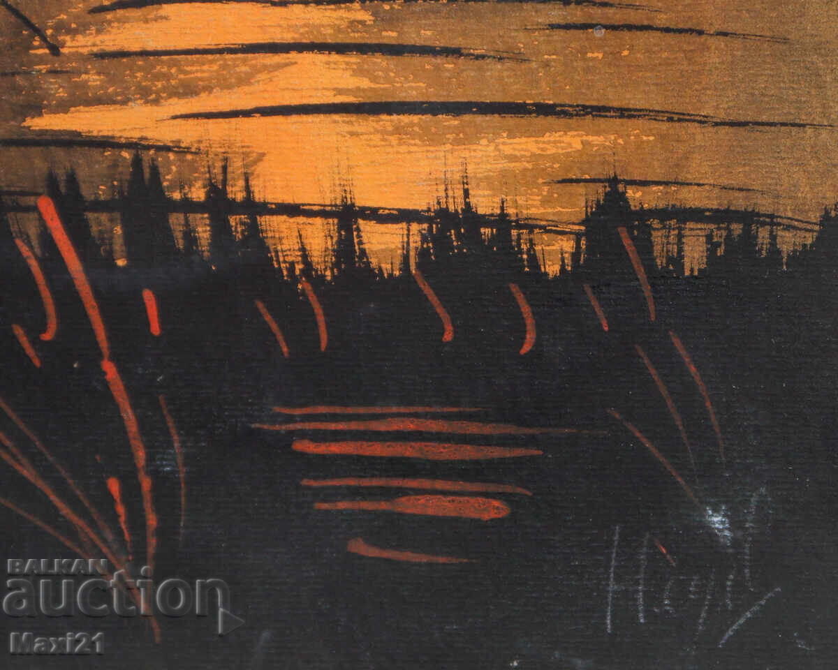 Old gouache painting, seascape, sunset - 6