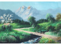 Old gouache painting, mountain landscape