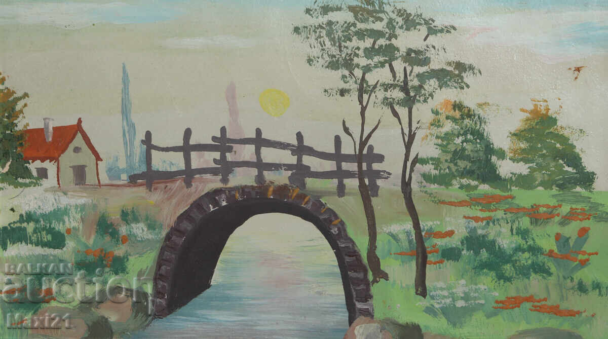 Auction  Old gouache painting, natural domestic landscape