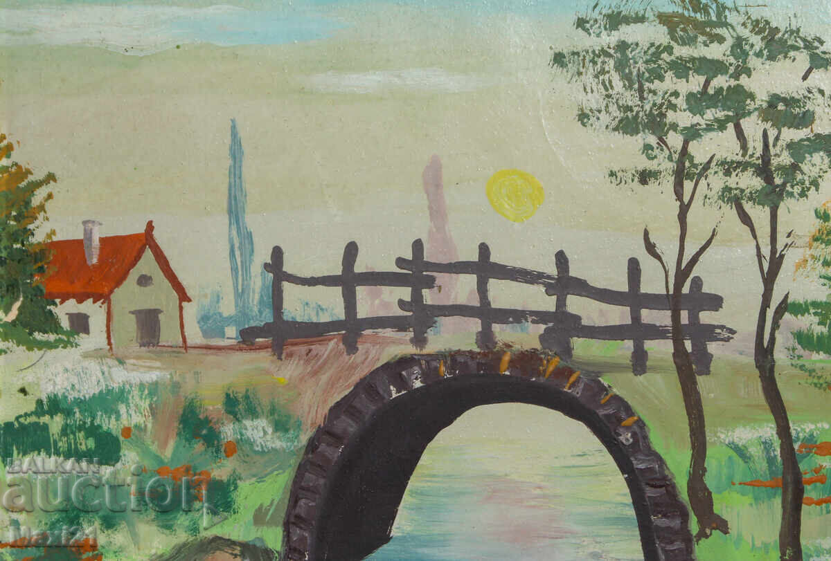 Delivery of Old gouache painting, natural domestic landscape