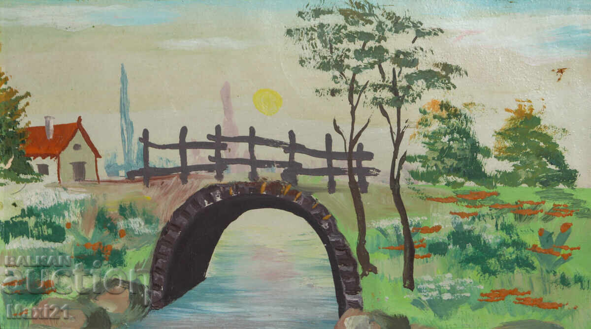 Old gouache painting, natural domestic landscape